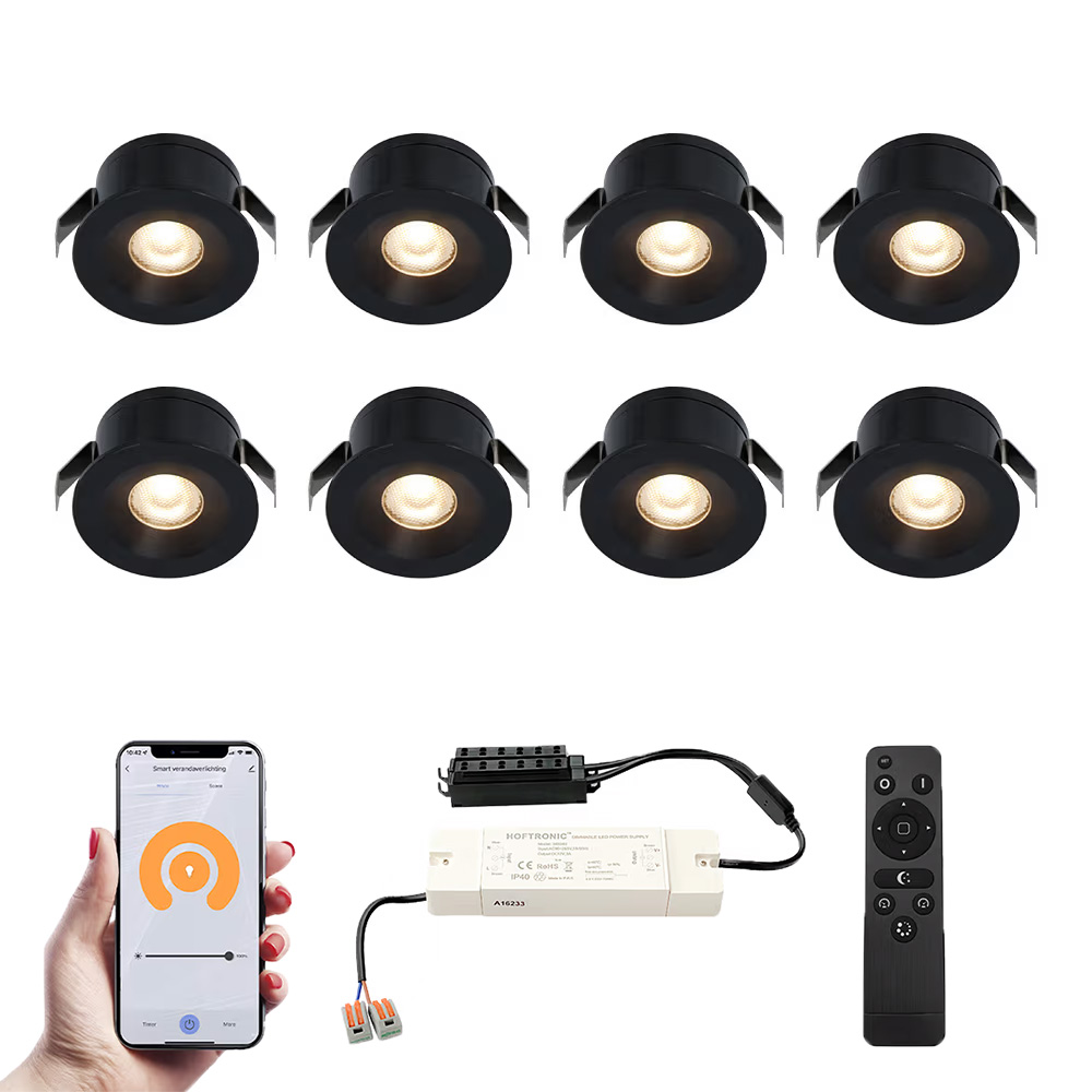 8x Cadiz Smart Mini LED Spots med trafo - 12V 3W 200lm - 2700K - IP44 - Sort