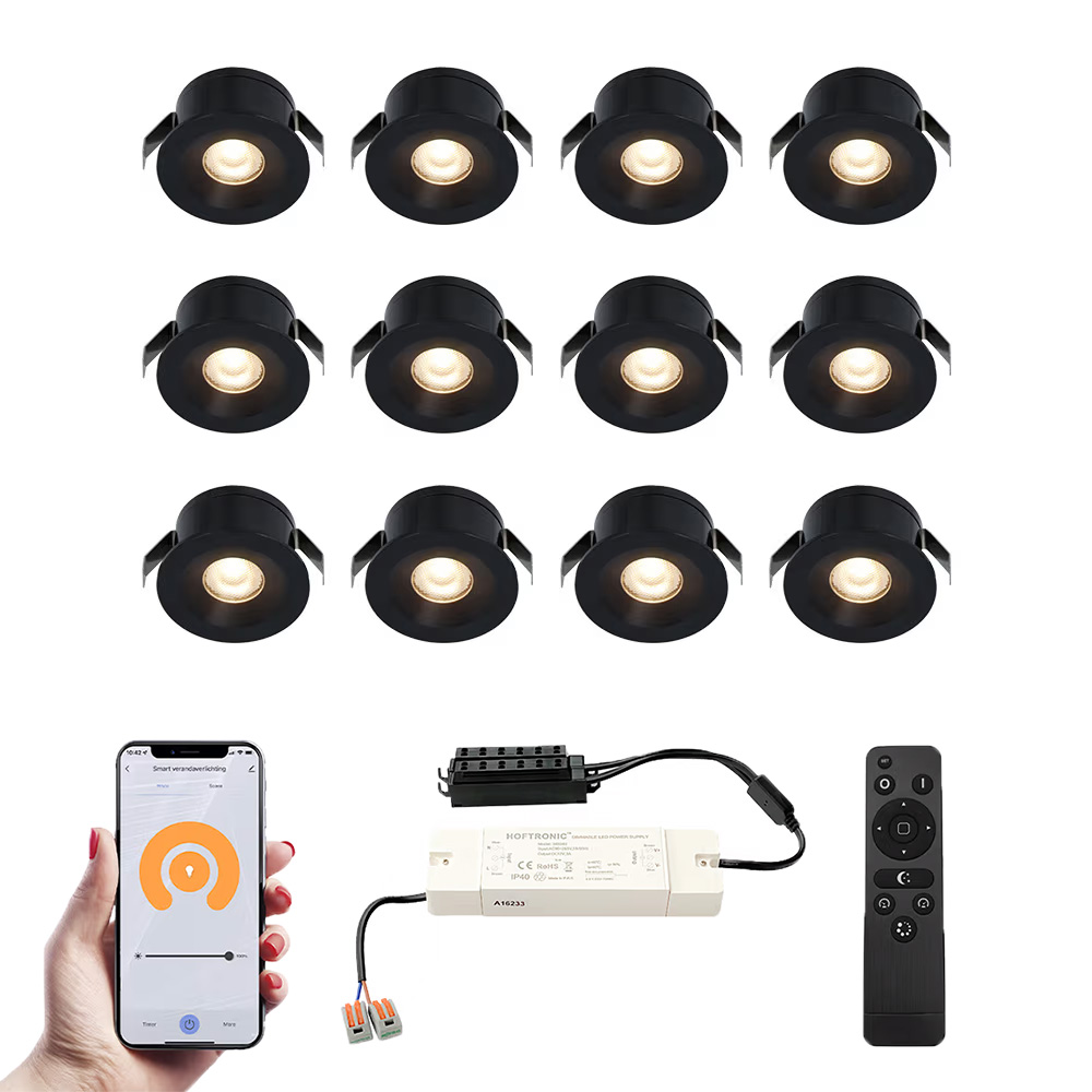 12x Cadiz Smart Mini LED Spots med trafo - 12V 3W 200lm - 2700K - IP44 - Sort