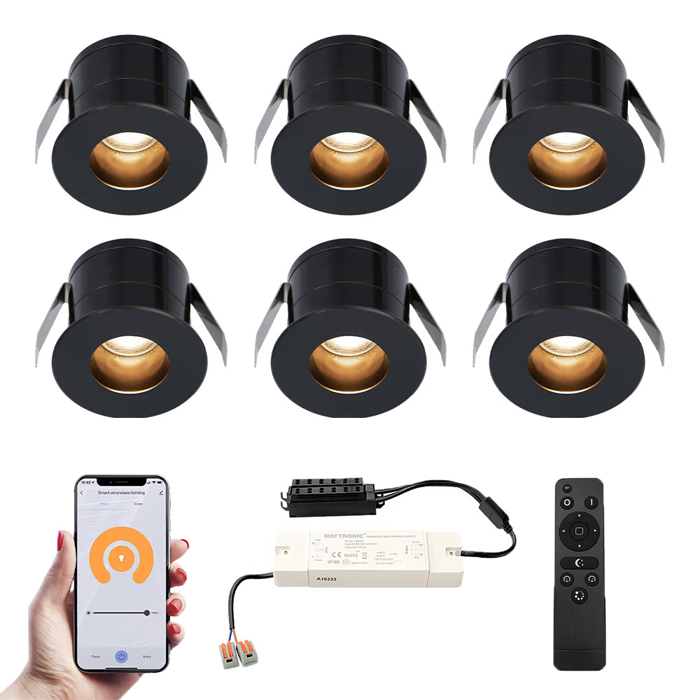 6x Olivia Smart Mini LED Spots med trafo - 12V 3W 150lm - 2700K - IP44 - Sort