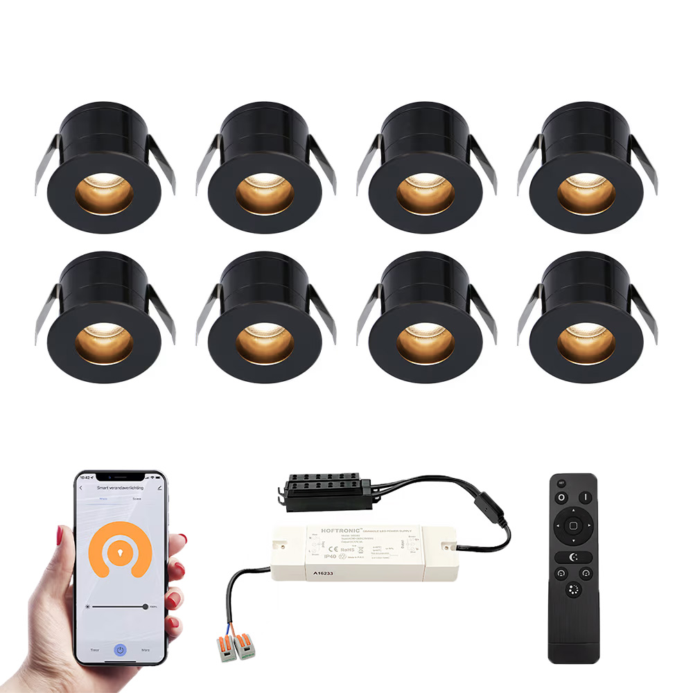 8x Olivia Smart Mini LED Spots med trafo - 12V 3W 150lm - 2700K - IP44 - Sort