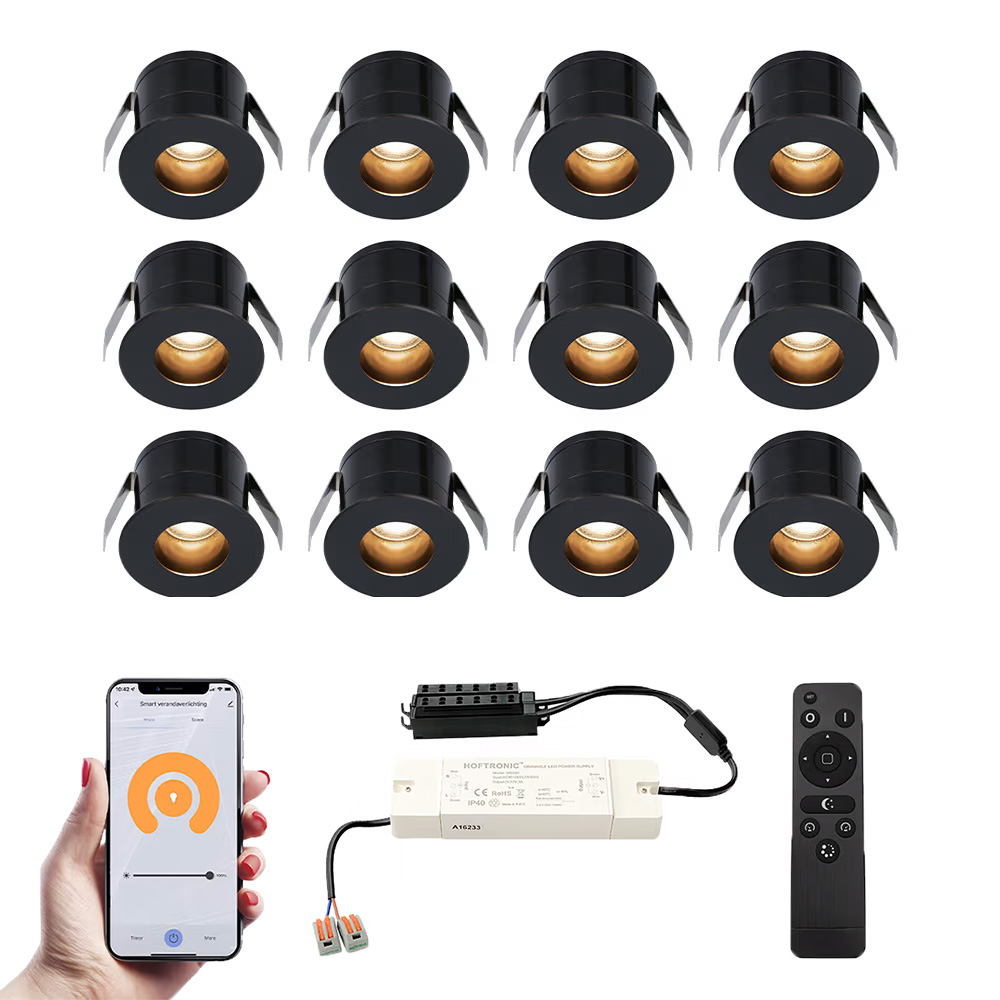 12x Olivia Smart Mini LED Spots med trafo - 12V 3W 150lm - 2700K - IP44 - Sort