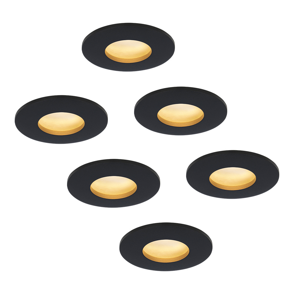 6x Porto LED Einbaustrahler flach - 6W 570 Lumen - 60mm - 2700K - IP44 - Schwarz