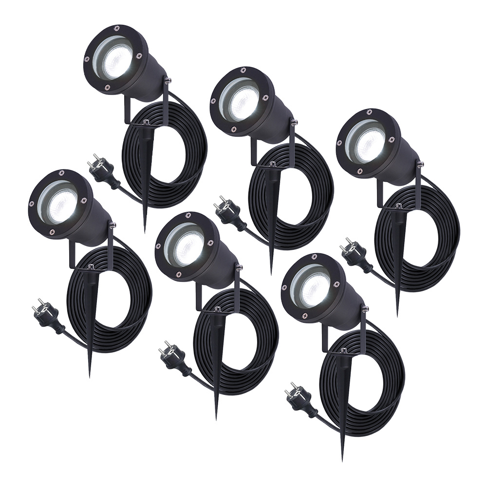 6x Sydney LED havelamper - 1,5m strømkabel - 6500K - 4W 345lm - Vipbar - IP65 Sort