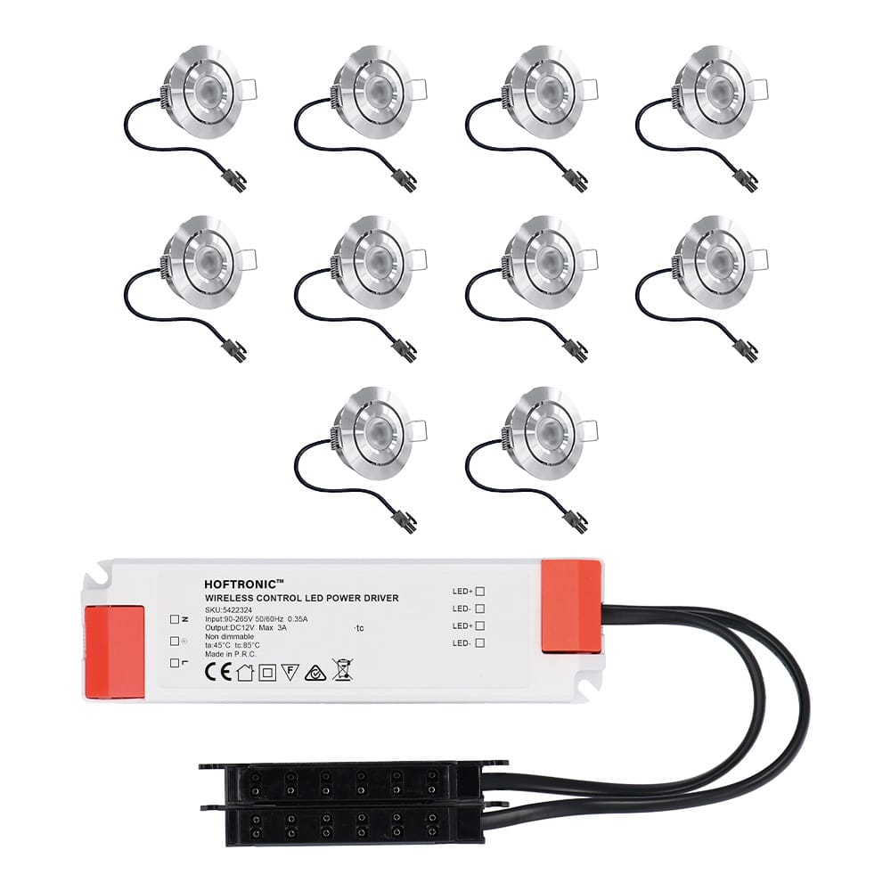 Set van 10 Lavanto LED Mini Inbouwspots met trafo - 12 Volt 3 Watt 200 lumen - Kantelbaar - Plat 30mm - 2700K - IP44 waterdicht - RVS afbeelding