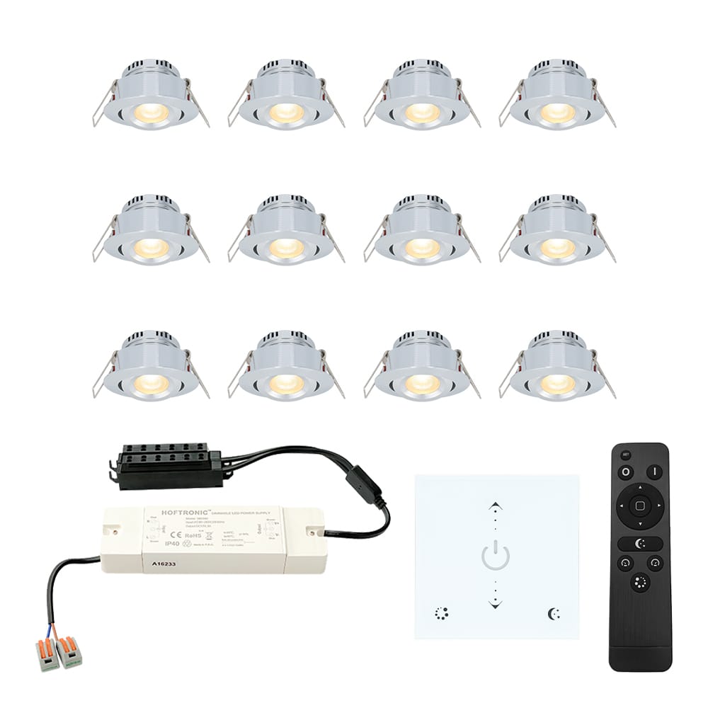 12er Set Granada Mini LED Einbaustrahler mit Trafo und Wanddimmer - 12V 3W 200lm - Dimmbar - Flach 30mm - 2700K - IP44 - Aluminium