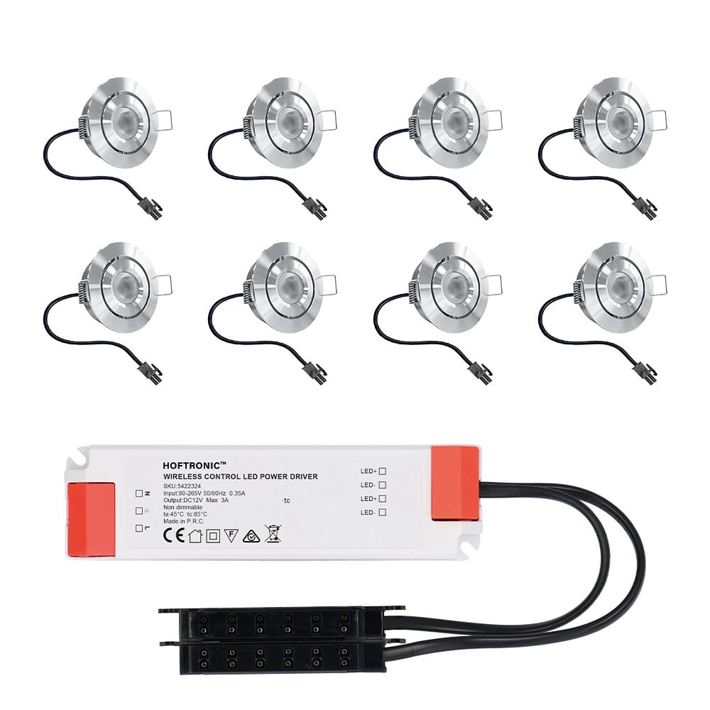 Set van 8 Lavanto LED Mini Inbouwspots met trafo - 12 Volt 3 Watt 200 lumen - Kantelbaar - Plat 30mm - 2700K - IP44 waterdicht - RVS afbeelding