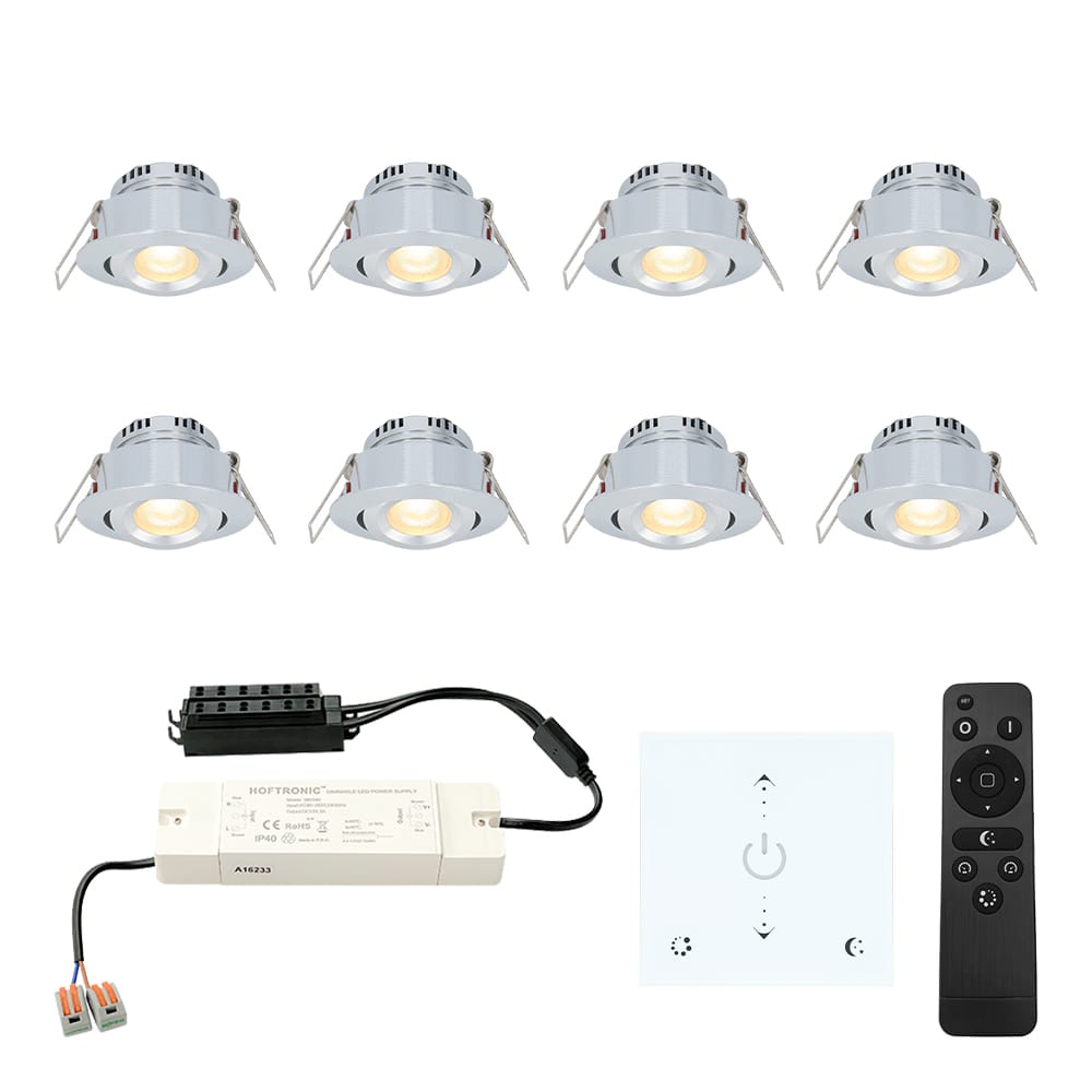 Set van 8 Granada LED Mini Inbouwspots met trafo en muurdimmer 12 Volt 3 Watt 200 lumen Dimbaar Kantelbaar Plat 35mm 2700K IP44 RVS