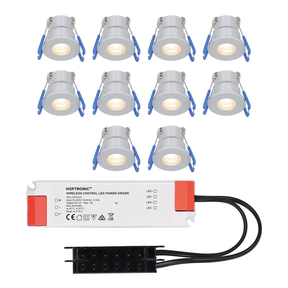 Set van 10 Milano LED Mini Inbouwspots met trafo - 12 Volt 3 Watt 200 lumen - Plat 34mm - 2700K - IP65 waterdicht - Grijs afbeelding