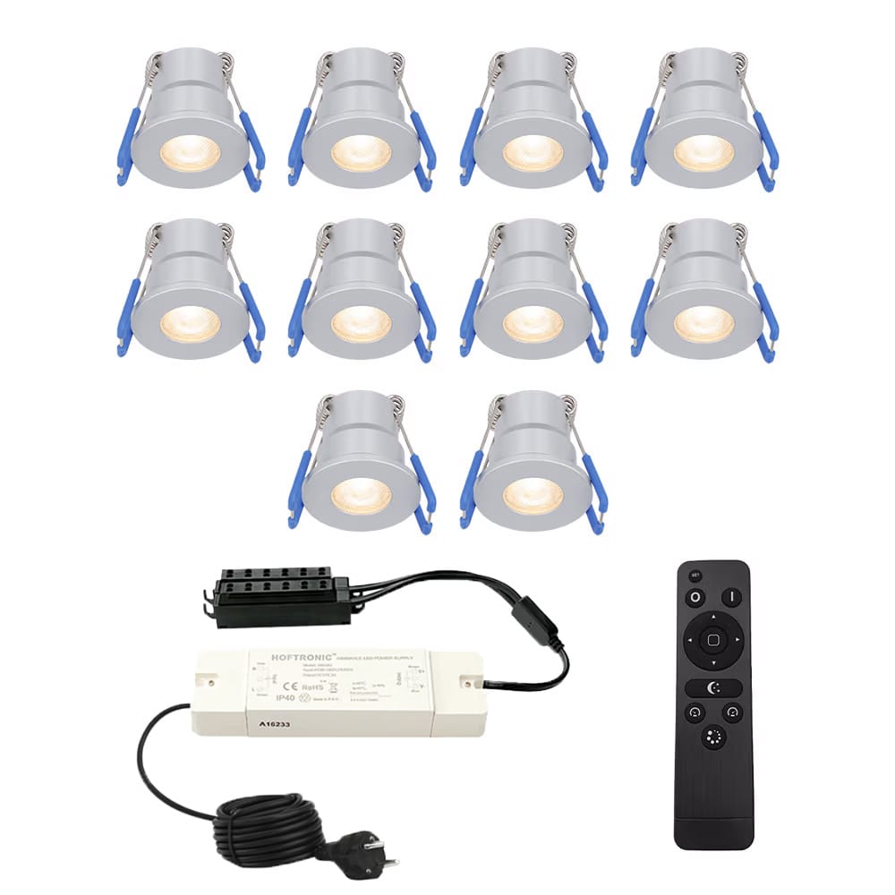 Complete set met 10 Milano inbouwspots 12V IP65 waterdicht 2700K warm wit 3 Watt 200 lumen RVS Verandaverlichting Dimbaar met afstandsbediening