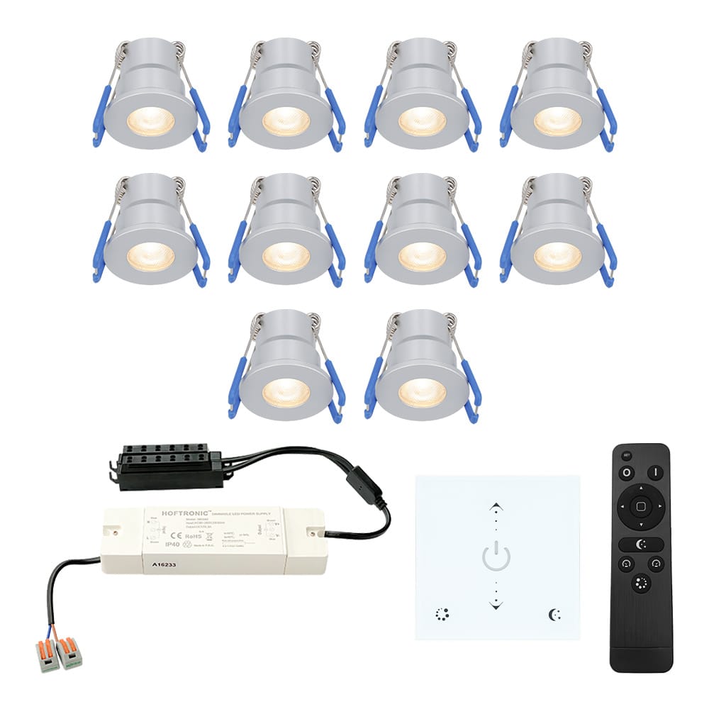 Set van 10 Milano LED Mini Inbouwspots met trafo en muurdimmer - 12 Volt 3 Watt 200 lumen - Dimbaar - Plat 34mm - 2700K - IP65 waterdicht - Grijs afbeelding