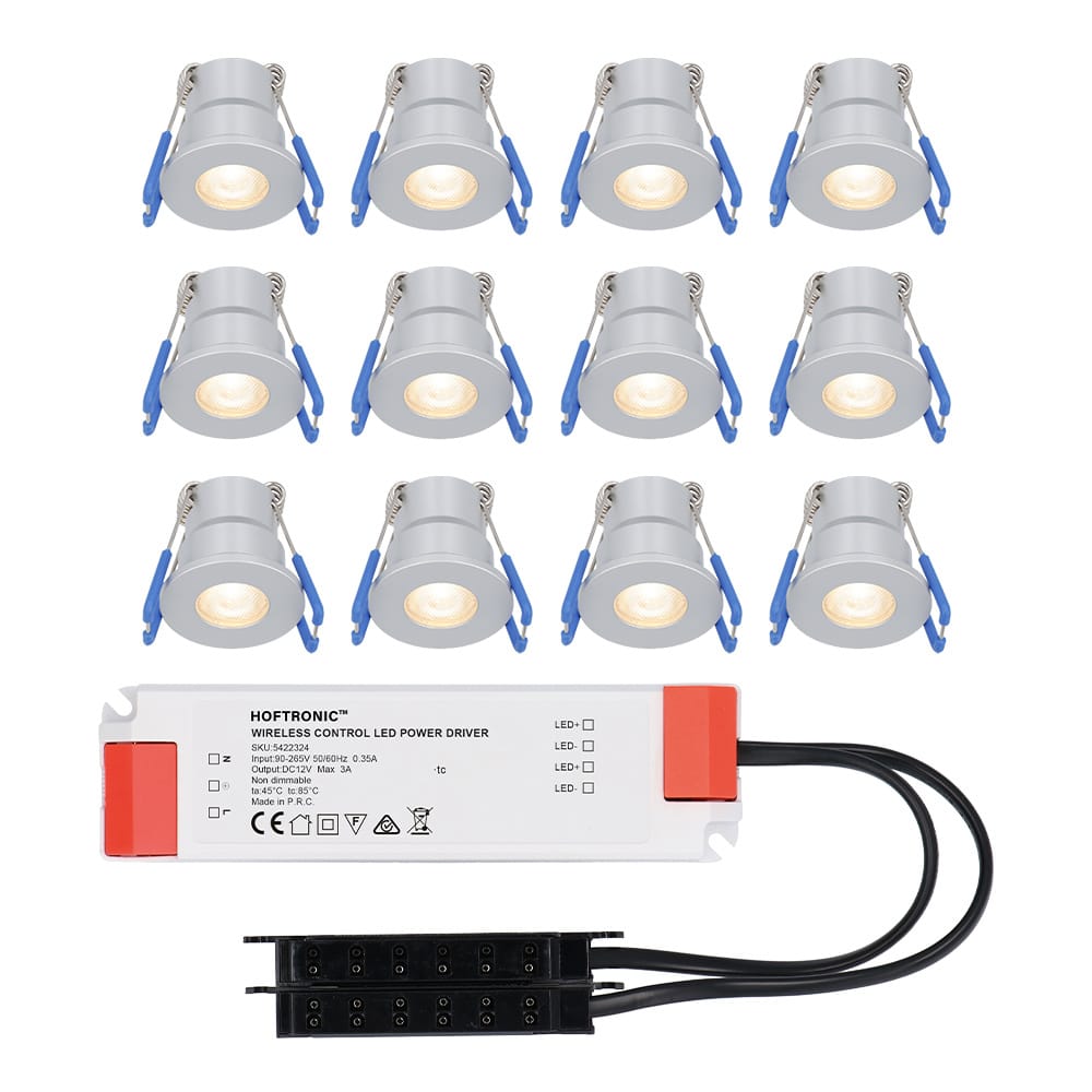 Set van 12 Milano LED Mini Inbouwspots met trafo - 12 Volt 3 Watt 200 lumen - Plat 34mm - 2700K - IP65 waterdicht - Grijs afbeelding 1