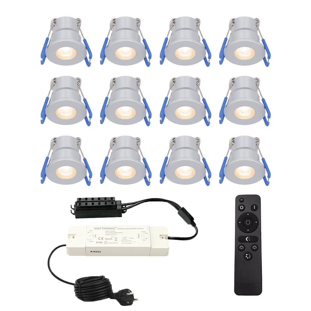 Complete set met 12 Milano inbouwspots 12V - IP65 waterdicht - 2700K warm wit - 3 Watt 200 lumen - RVS - Verandaverlichting - Dimbaar - met afstandsbediening afbeelding