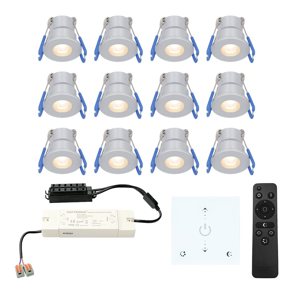 Set van 12 Milano LED Mini Inbouwspots met trafo en muurdimmer - 12 Volt 3 Watt 200 lumen - Dimbaar - Plat 34mm - 2700K - IP65 waterdicht - Grijs afbeelding