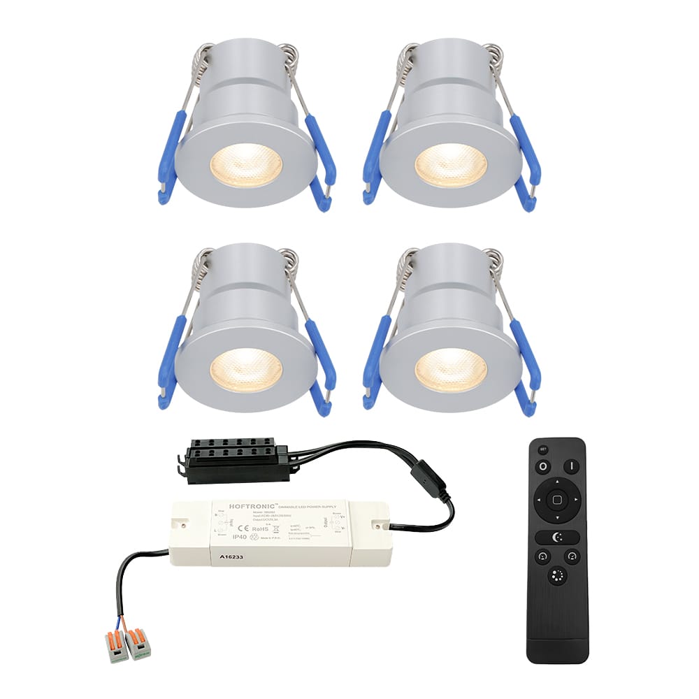 Set van 4 Milano LED Mini Inbouwspots met trafo 12 Volt 3 Watt 200 lumen Dimbaar Plat 34mm 2700K IP65 waterdicht Grijs Veranda Spotjes Overkapping Spotjes