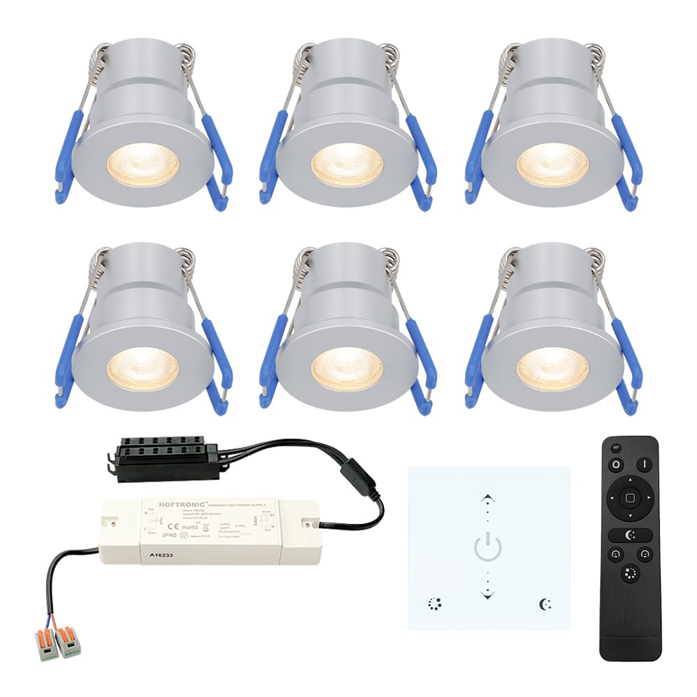 Set van 6 Milano LED Mini Inbouwspots met trafo en muurdimmer - 12 Volt 3 Watt 200 lumen - Dimbaar - Plat 34mm - 2700K - IP65 waterdicht - Grijs afbeelding