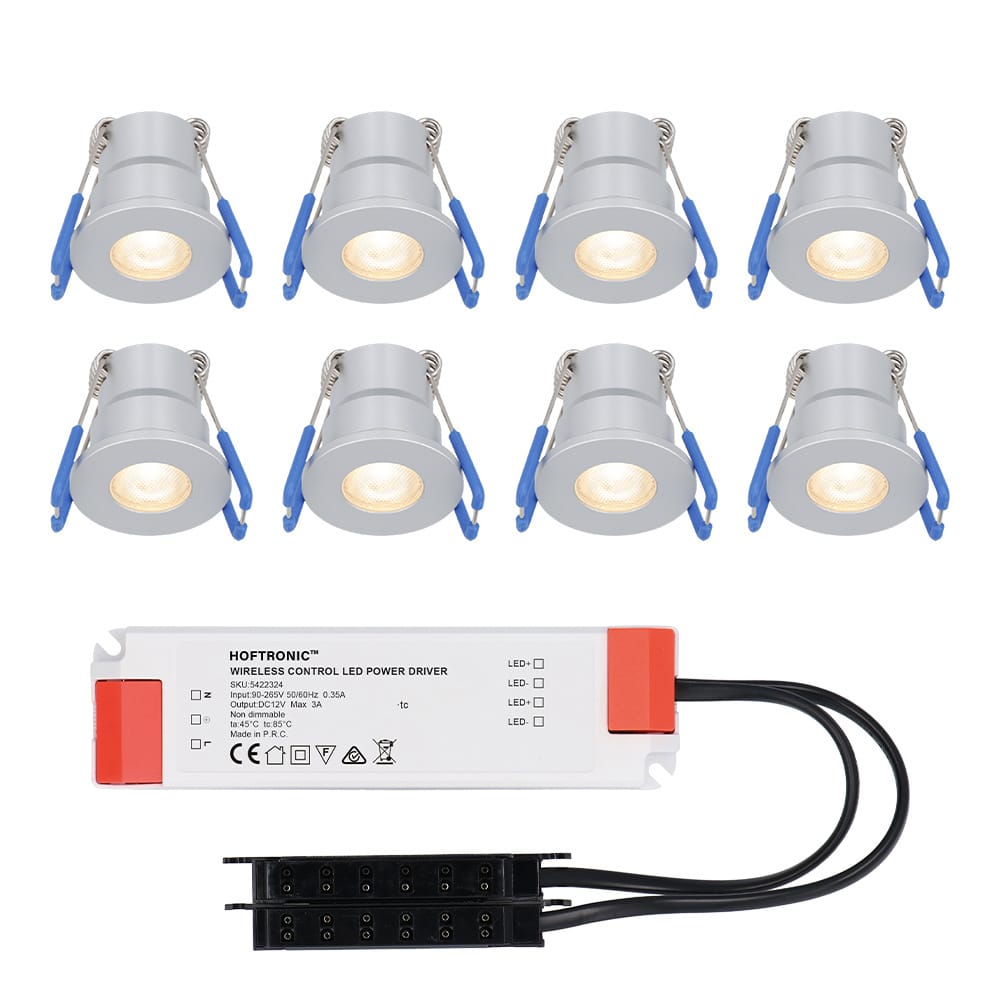 Set van 8 Milano LED Mini Inbouwspots met trafo - 12 Volt 3 Watt 200 lumen - Plat 34mm - 2700K - IP65 waterdicht - Grijs afbeelding