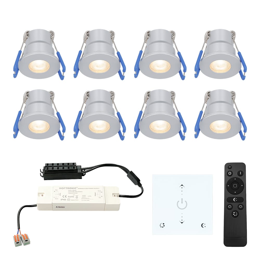 Set van 8 Milano LED Mini Inbouwspots met trafo en muurdimmer - 12 Volt 3 Watt 200 lumen - Dimbaar - Plat 34mm - 2700K - IP65 waterdicht - Grijs afbeelding