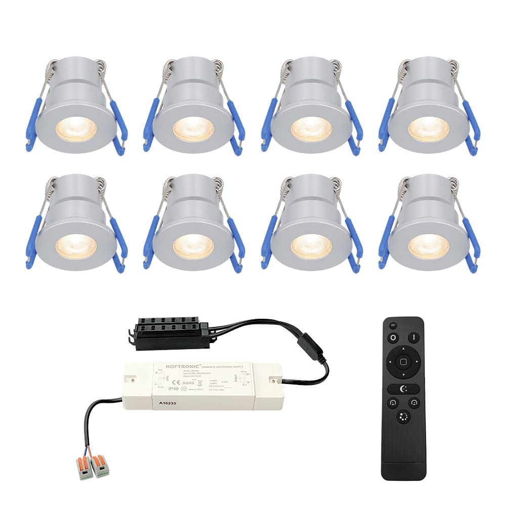 Set van 8 Milano LED Mini Inbouwspots met trafo 12 Volt 3 Watt 200 lumen Dimbaar Plat 34mm 2700K IP65 waterdicht Grijs Veranda Spotjes Overkapping Spotjes
