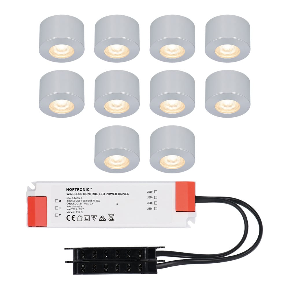 Set van 10 Navarra Mini LED Opbouwspots met Trafo - 12 Volt 3 Watt 200 lumen - Plat 21,5mm - 2700K - IP44 waterdicht - Aluminium - Niet Dimbaar afbeelding 1
