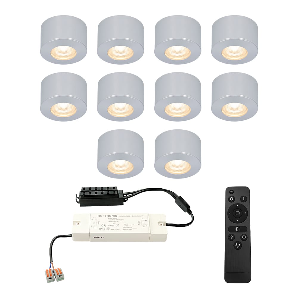 Set van 10 Navarra Mini LED Opbouwspots met Trafo - 12 Volt 3 Watt 200 lumen - Dimbaar - Plat 21,5mm - 2700K - IP44 waterdicht - Aluminium afbeelding