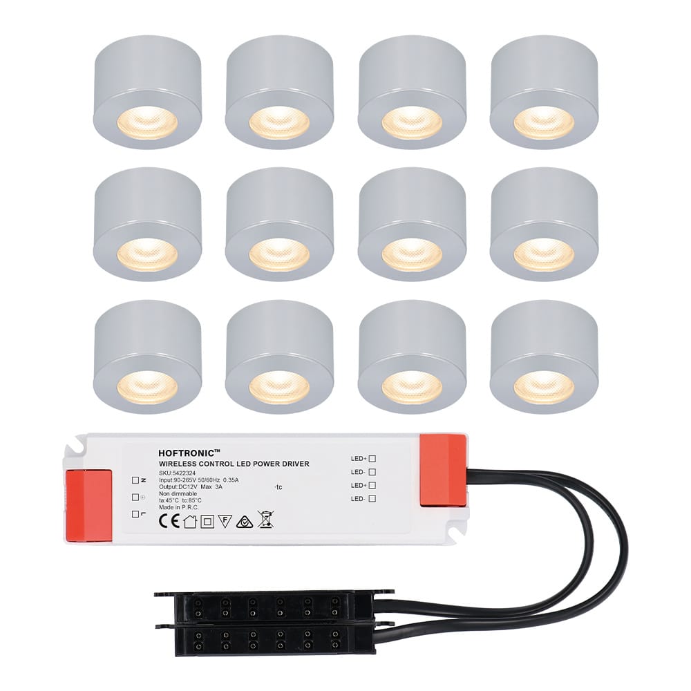 Set van 12 Navarra Mini LED Opbouwspots met Trafo - 12 Volt 3 Watt 200 lumen - Plat 21,5mm - 2700K - IP44 waterdicht - Aluminium - Niet Dimbaar afbeelding