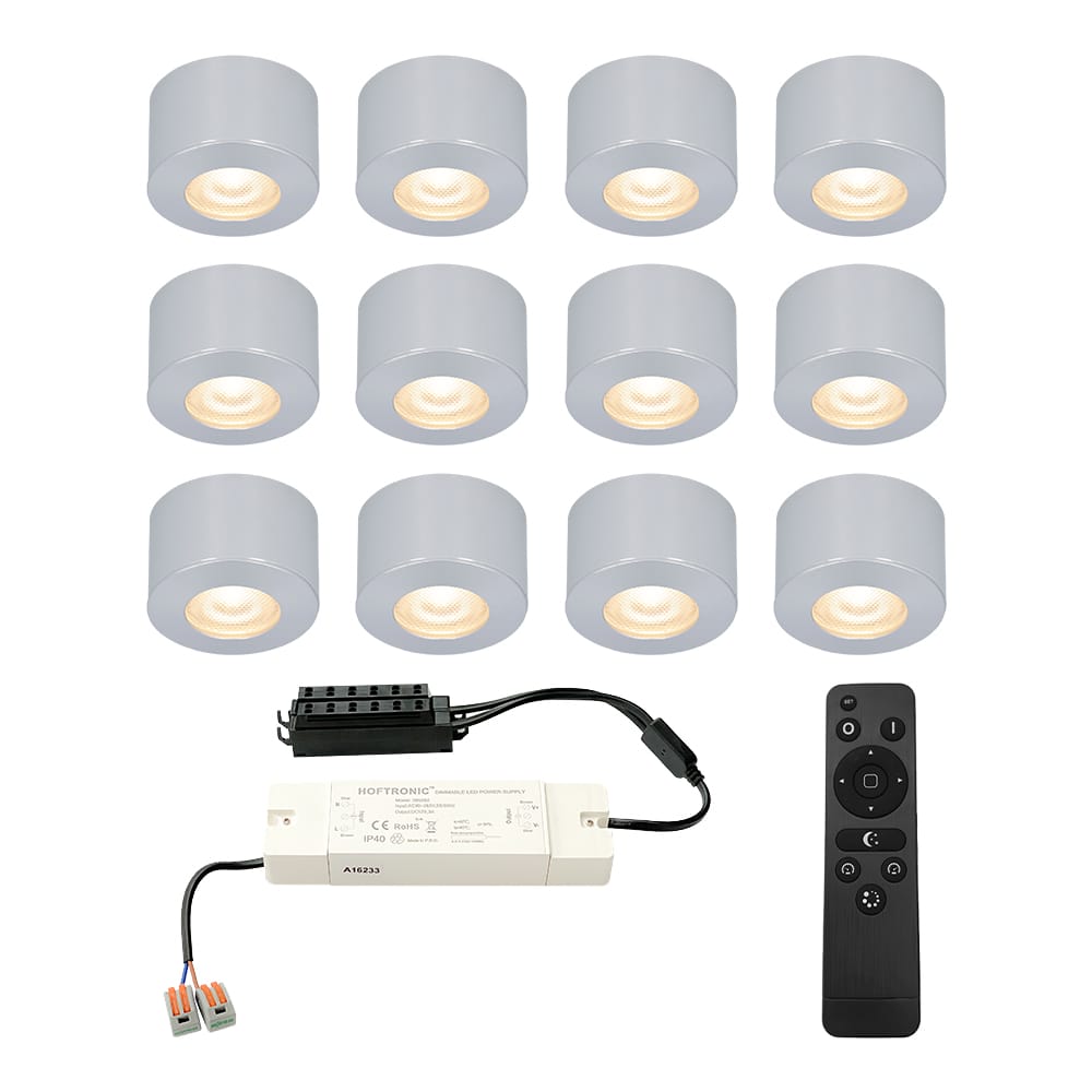 Set van 12 Navarra Mini LED Opbouwspots met Trafo - 12 Volt 3 Watt 200 lumen - Dimbaar - Plat 21,5mm - 2700K - IP44 waterdicht - Aluminium afbeelding