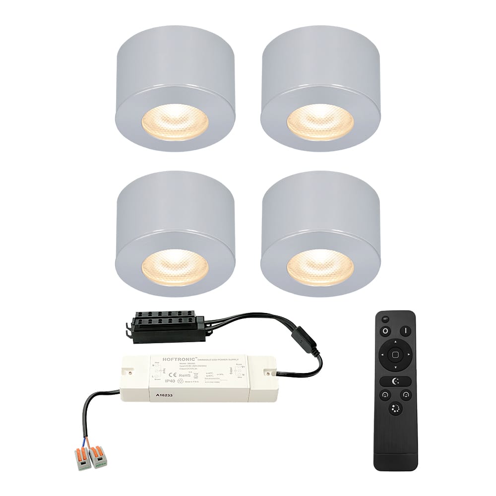 Set van 4 Navarra Mini LED Opbouwspots met Trafo - 12 Volt 3 Watt 200 lumen - Dimbaar - Plat 21,5mm - 2700K - IP44 waterdicht - Aluminium afbeelding