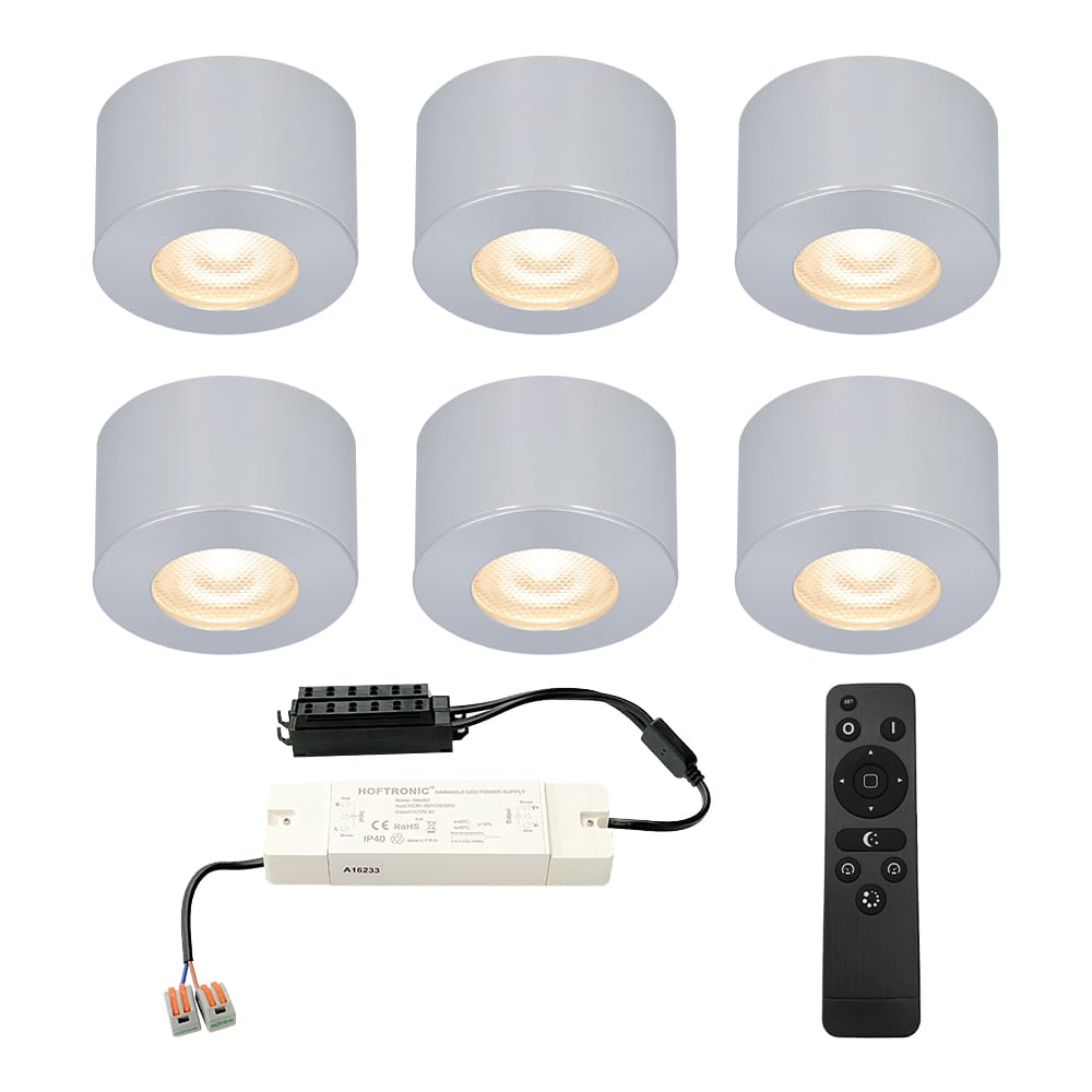Set van 6 Navarra Mini LED Opbouwspots met Trafo - 12 Volt 3 Watt 200 lumen - Dimbaar - Plat 21,5mm - 2700K - IP44 waterdicht - Aluminium afbeelding