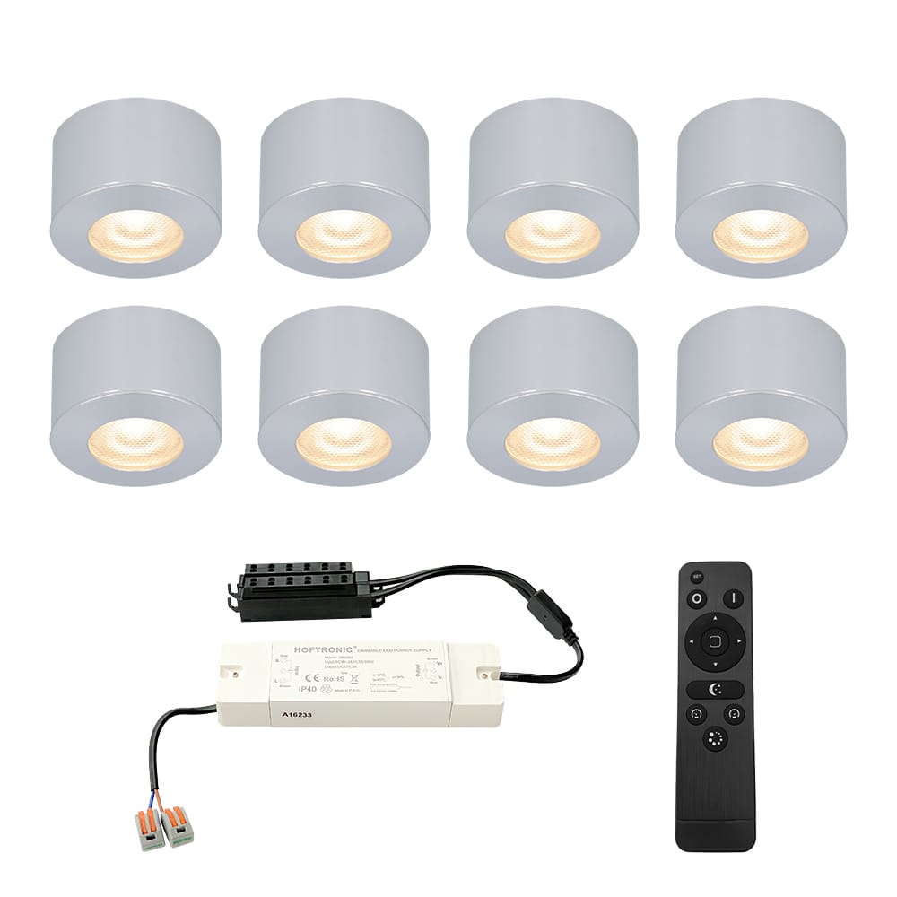 Set van 8 Navarra Mini LED Opbouwspots met Trafo - 12 Volt 3 Watt 200 lumen - Dimbaar - Plat 21,5mm - 2700K - IP44 waterdicht - Aluminium afbeelding