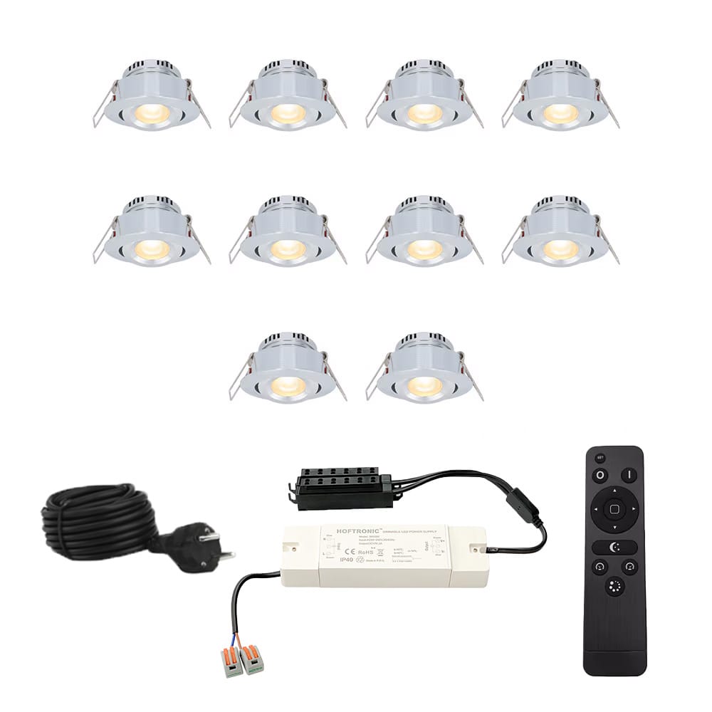 HOFTRONIC™ Sienna - 10x inbouwspots veranda - Dimbaar LED - Complete set met afstandsbediening - Kantelbaar - Plug & Play - 12 Volt 3 watt - 2700K 200 lumen - IP44 - RVS