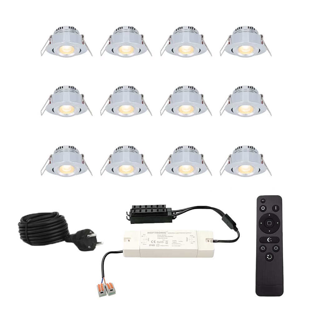 HOFTRONIC™ Sienna - 12x inbouwspots veranda - Dimbaar LED - Complete set met afstandsbediening - Kantelbaar - Plug & Play - 12 Volt 3 watt - 2700K 200 lumen - IP44 - RVS