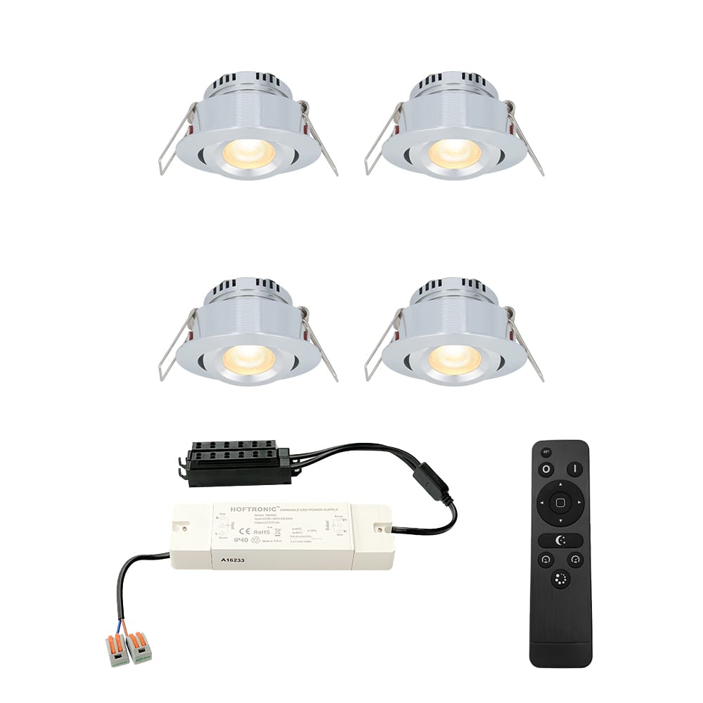 Set van 4 Sienna LED Mini Inbouwspots met trafo 12 Volt 3 Watt 200 lumen Dimbaar Kantelbaar Plat 30mm 2700K IP44 waterdicht RVS