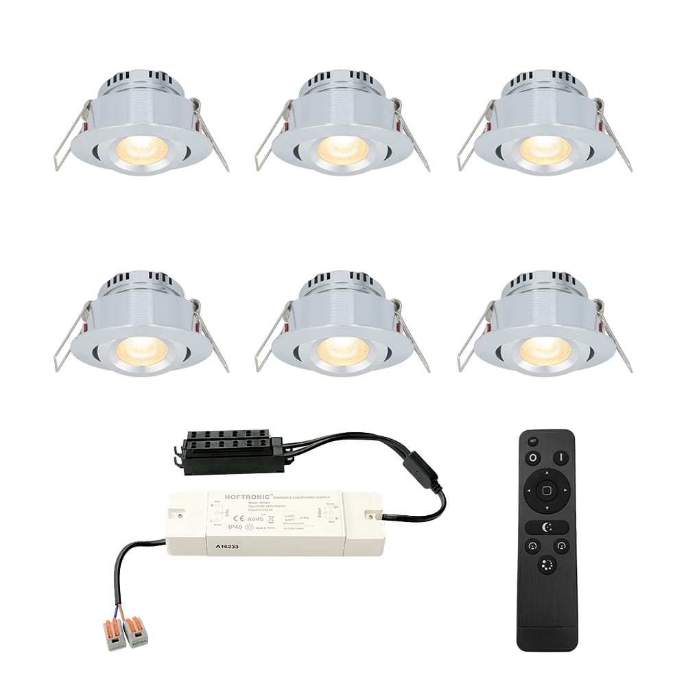 HOFTRONIC™ Sienna - 6x inbouwspots veranda - Dimbaar LED - Complete set met afstandsbediening - Kantelbaar - Plug & Play - 12 Volt 3 watt - 2700K 200 lumen - IP44 - RVS