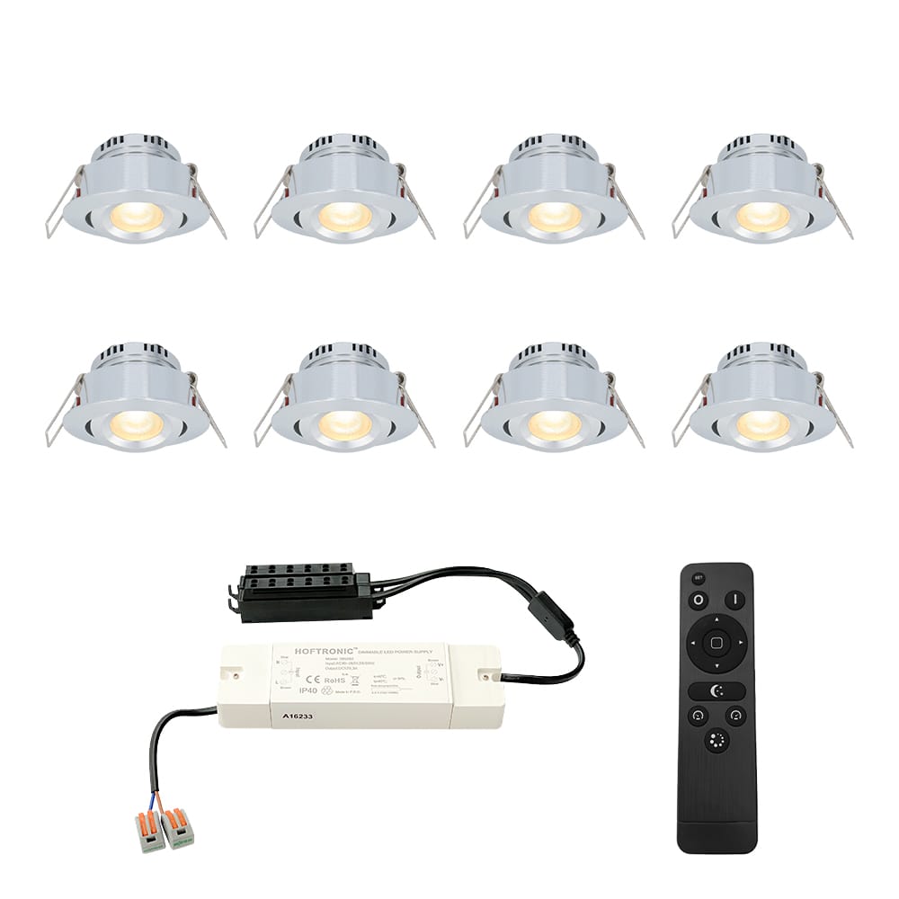 Set van 8 Sienna LED Mini Inbouwspots met trafo - 12 Volt 3 Watt 200 lumen - Dimbaar - Kantelbaar - Plat 30mm - 2700K - IP44 waterdicht - RVS afbeelding