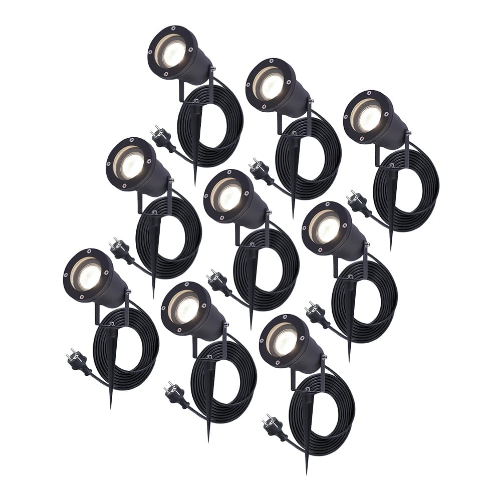 Set van 9 Sydney LED prikspots - Dimbaar - Kantelbaar - GU10 - 4000K neutraal wit - 5 Watt 400 lumen - IP65 waterdicht - 1,5 meter netsnoer incl. eurostekker - Zwart afbeelding