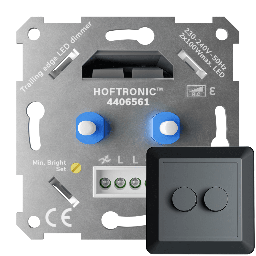 LED Duo Dimmer Inbouw - 2x 0-100 Watt - Geschikt voor fase afsnijding - Trailing edge - Incl. zwart frame en druk/draaiknop afbeelding