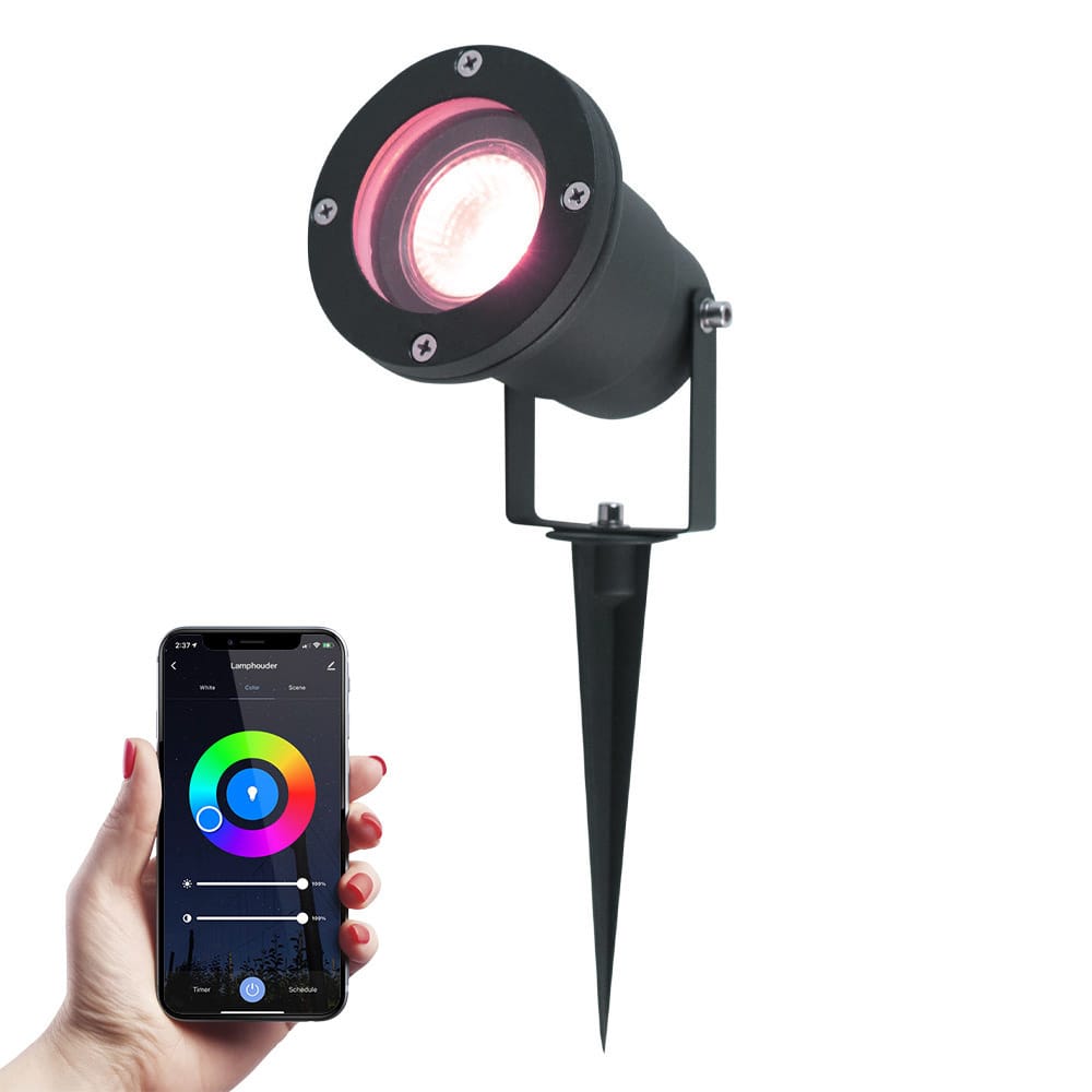 Smart LED Prikspot - Wifi + Bluetooth - 5,5 Watt - IP44 Waterdicht - Kantelbaar - Bestuurbaar via app - Google Home, Amazon Alexa en Siri - Zwart - Tuinspots afbeelding