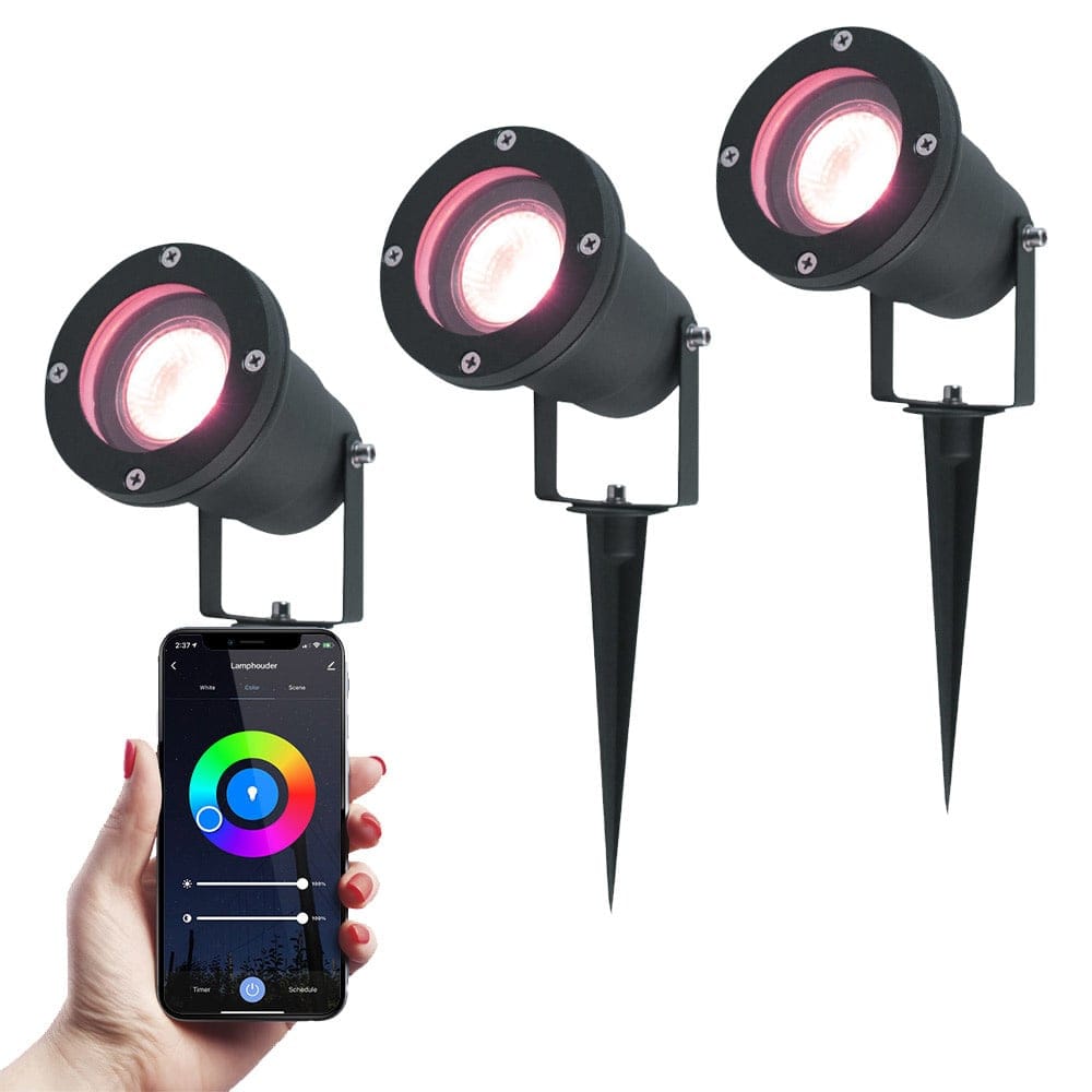 Set van 3 Smart prikspots - Wifi + Bluetooth - 5,5 Watt - IP44 Waterdicht - Kantelbaar - Bestuurbaar via app - Google Home, Amazon Alexa en Siri - Zwart - Tuinspots afbeelding