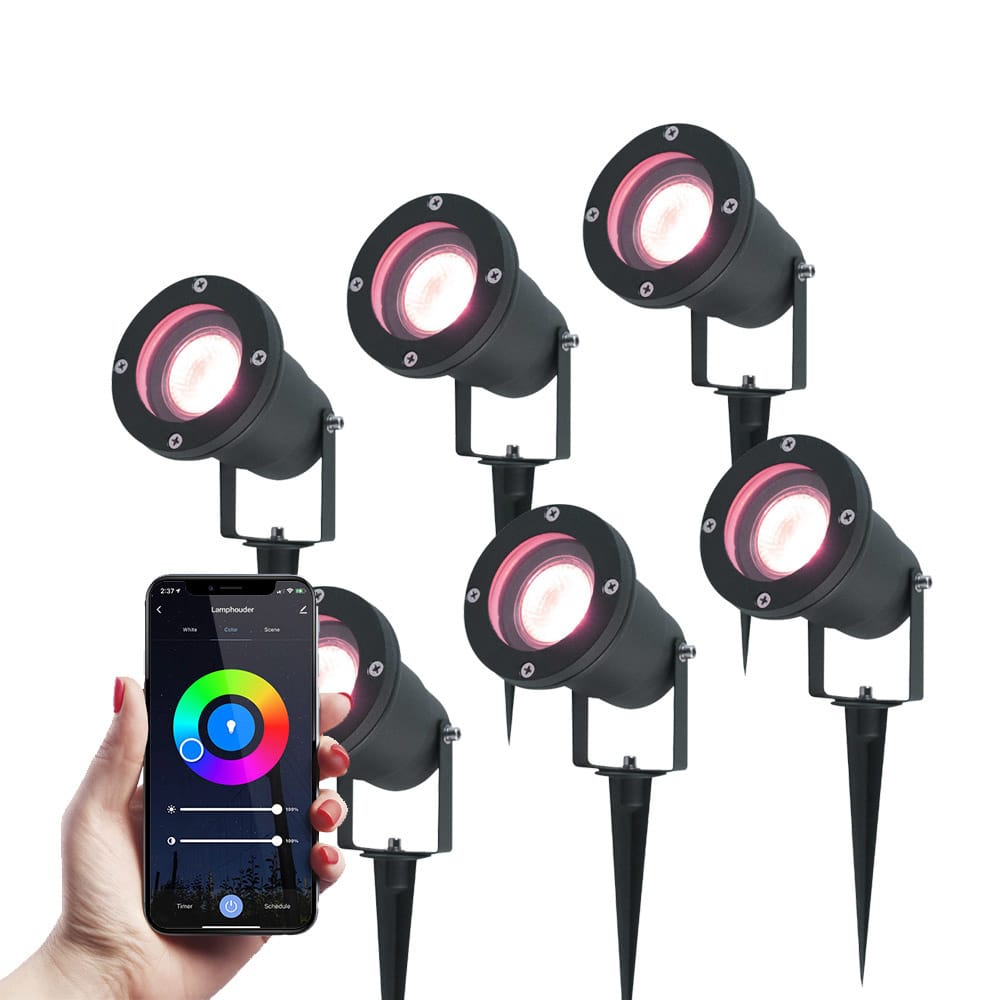 Set van 6 Smart prikspots - Wifi + Bluetooth - 5,5 Watt - IP44 waterdicht - Kantelbaar - Bestuurbaar via app - Google Home, Amazon Alexa en Siri - Zwart - Tuinspots afbeelding