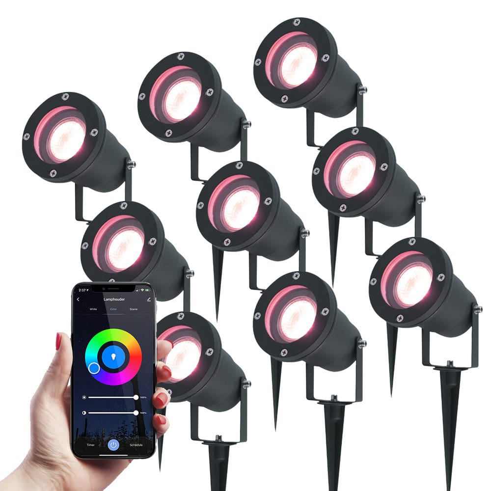 Set van 9 Smart LED Prikspots - RGBWW - Kantelbaar - IP44 Vochtbestendig - Aluminium - Tuinspot - Geschikt voor in de tuin - Zwart - 3 jaar garantie afbeelding