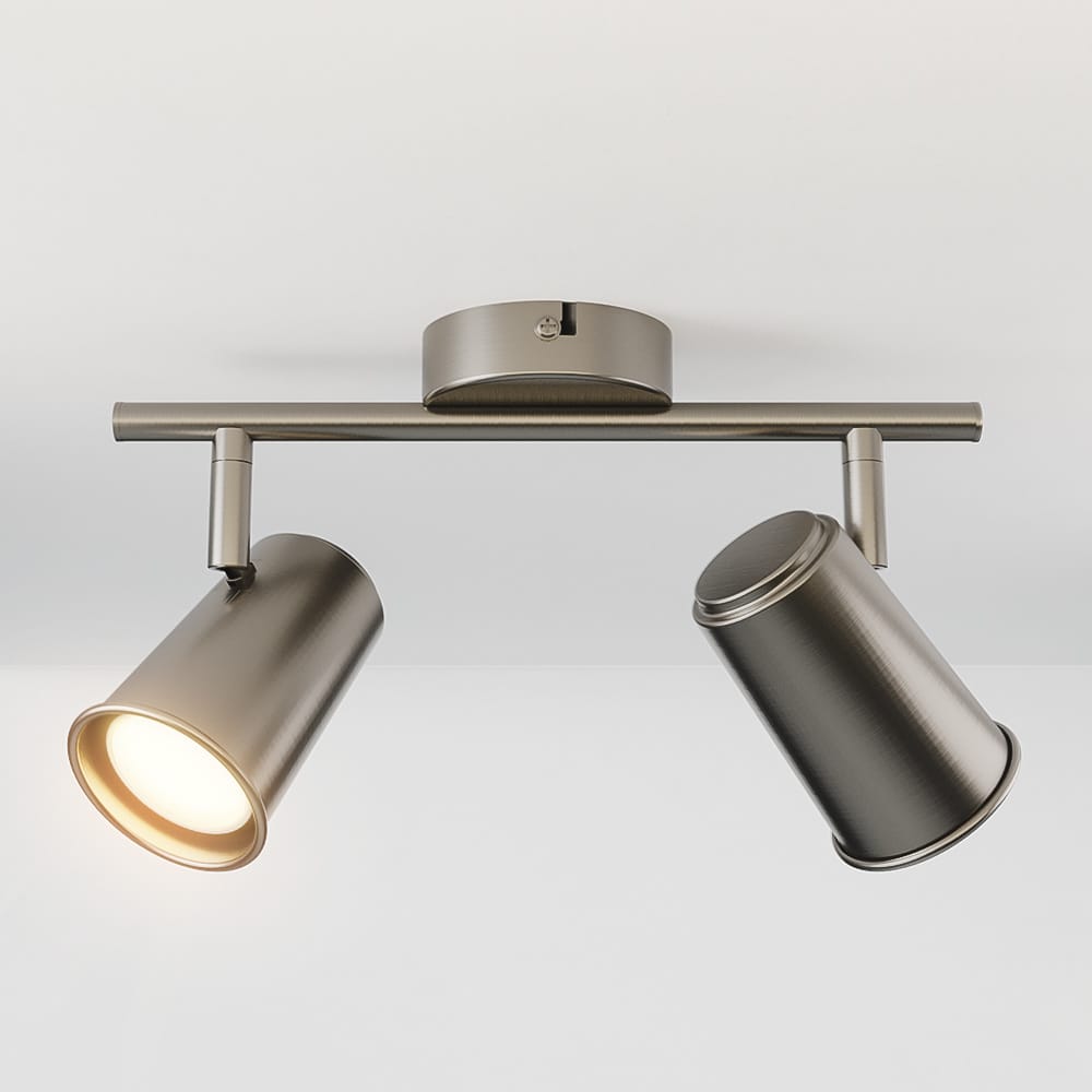 Riga - LED plafondlamp - 8 watt 690 lumen - 2 spots - 2700K Warm wit - Draaibaar en dimbaar - GU10 - Kantelbaar - Plafondspot - IP20 Voor binnen - RVS afbeelding