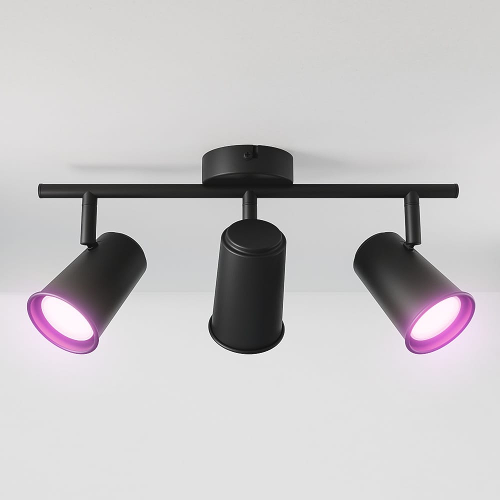 Riga - LED smart plafondlamp - 3 spots - 15 Watt 1200 Lumen - Draaibaar en kantelbaar - GU10 - RGBWW - Wifi + Bluetooth - Google Home, Amazon Alexa en Siri - Zwart - Bestuurbaar via App en Stem afbeelding
