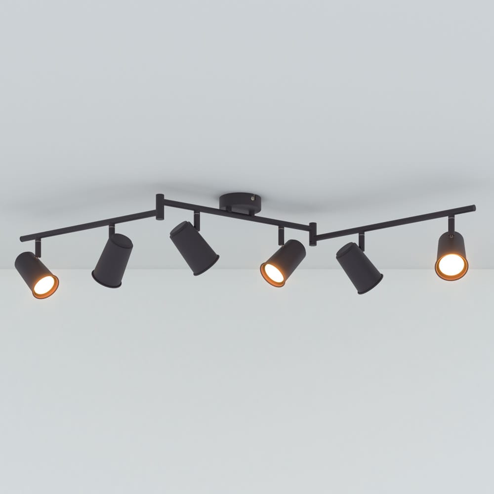 Riga - LED plafondlamp - 30 Watt 2345 lumen - 6 spots - 2700K Warm wit - Draaibaar en dimbaar - GU10 - Kantelbaar - Plafondspot - IP20 Voor binnen - Zwart afbeelding