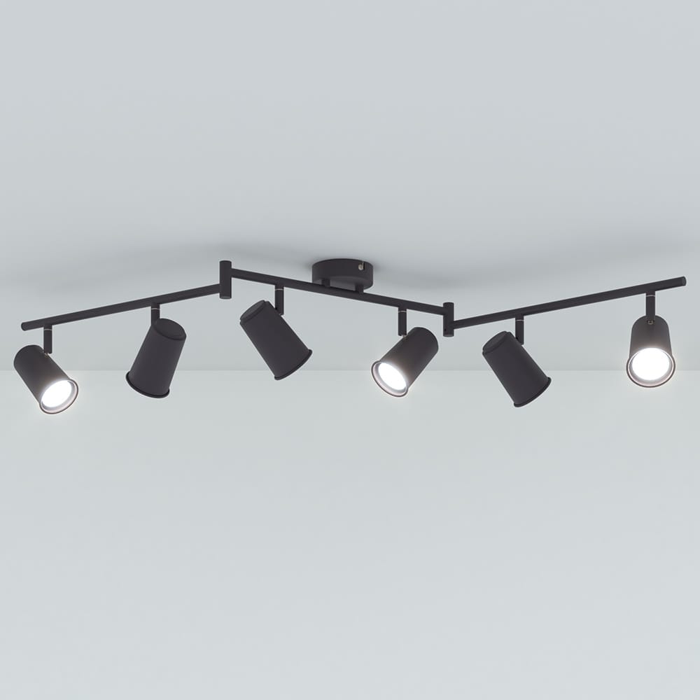 Riga - LED plafondlamp - 24 Watt 2345 Lumen - 6 spots - 6500K Neutraal wit - Draaibaar en dimbaar - GU10 - Kantelbaar - Plafondspot - IP20 Voor binnen - Zwart afbeelding 1