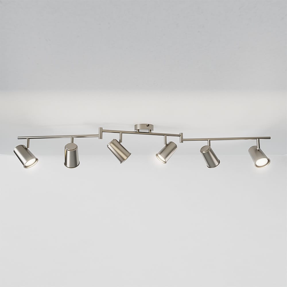 Riga - LED plafondlamp - 30 Watt 2400 Lumen - 6 spots - 4000K Neutraal wit - Draaibaar en dimbaar - GU10 - Kantelbaar - Plafondspot - IP20 Voor binnen - RVS afbeelding