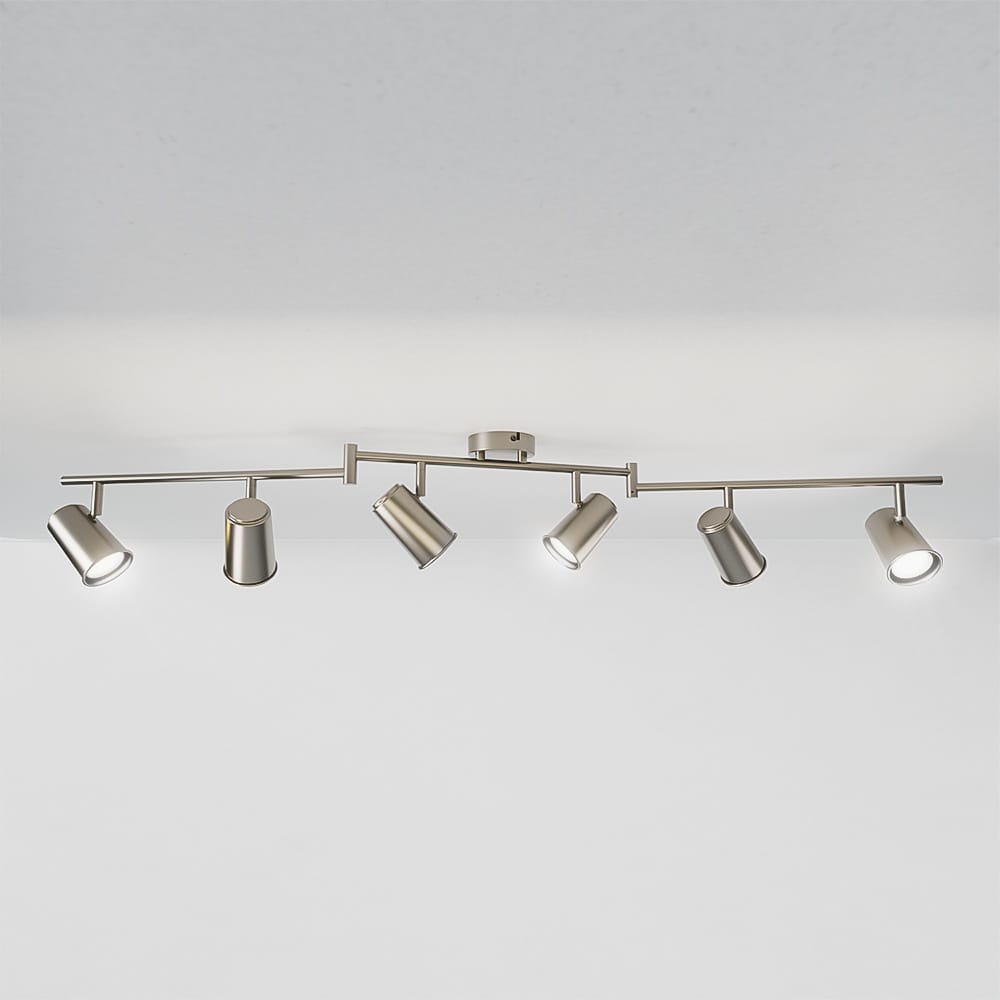 Riga - LED plafondlamp - 30 Watt 2400 Lumen - 6 spots - 6000K Neutraal wit - Draaibaar en dimbaar - GU10 - Kantelbaar - Plafondspot - IP20 Voor binnen - RVS afbeelding