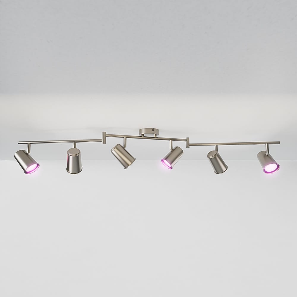 Riga - LED smart plafondlamp - 6 spots - 30 Watt 2400 Lumen - Draaibaar en kantelbaar - GU10 - RGBWW - Wifi + Bluetooth - Google Home, Amazon Alexa en Siri - RVS - Bestuurbaar via App en Stem afbeelding 1