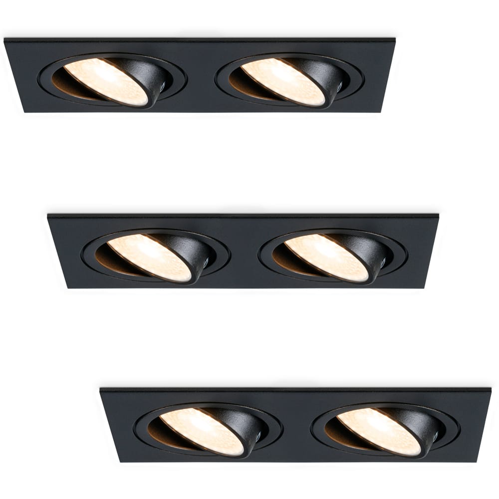 Set van 3 Mallorca LED inbouwspot - IP20 - Kantelbaar - 8 watt 690 lumen - 2700K Warm wit - Dubbel - GU10 - Dimbaar - Rechthoek - Voor binnen - Zwart afbeelding 1
