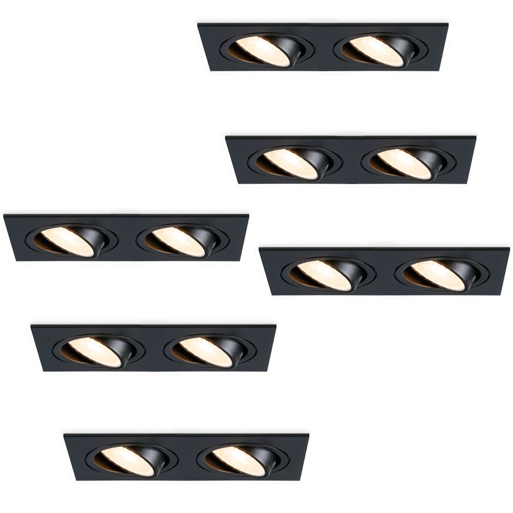 Set van 6 Mallorca LED inbouwspot - IP20 - Kantelbaar - 8 watt 690 lumen - 2700K Warm wit - Dubbel - GU10 - Dimbaar - Rechthoek - Voor binnen - Zwart afbeelding 1