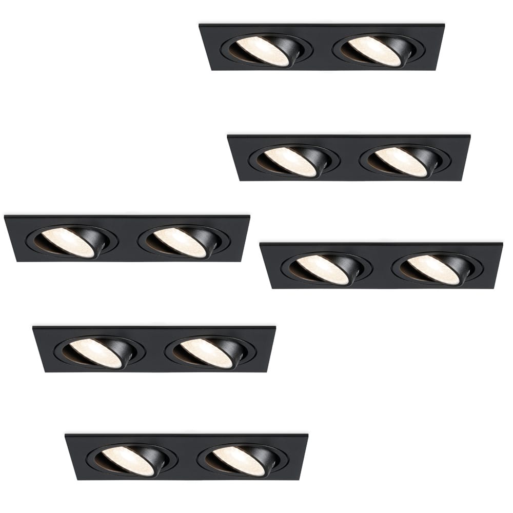Set van 6 Mallorca LED inbouwspot - IP20 - Kantelbaar - 8 Watt 690 Lumen - 4000K Neutraal wit - Dubbel - GU10 - Dimbaar - Rechthoek - Voor binnen - Zwart afbeelding 1